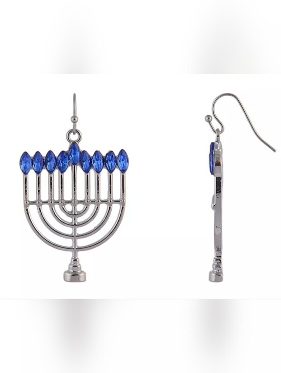 Jewelry - Silver Menorah Drop Earrings with Blue Crystal Accents